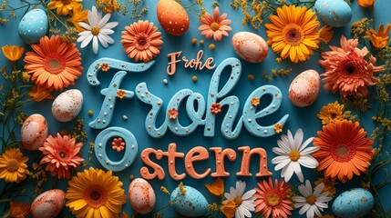 Happy Easter in german  blue background adorned with colorful flowers and delicate eggs. - obrazy, fototapety, plakaty
