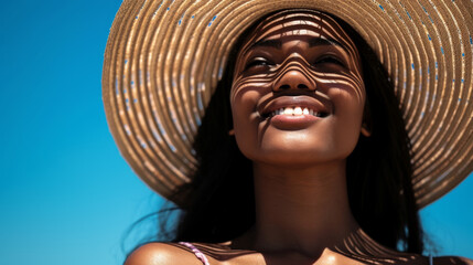 close-up of a young smiling woman wearing a straw hat with the blue sky as a backdrop