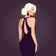 Vector flat fashion illustration of a beautiful sexy blonde woman in an elegant backless dress. Back view.