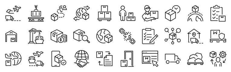 Shipping line web icons. Delivery and logistics. Supply chain, value chain, manufacturing, commerce . Editable stroke. - obrazy, fototapety, plakaty
