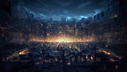 Futuristic cityscape at night, presenting an abstract and vibrant 3D rendering.
