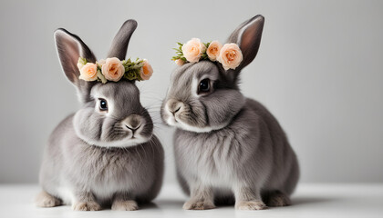 Two grey cute baby rabbits wearing a flower crown and sitting on white background.