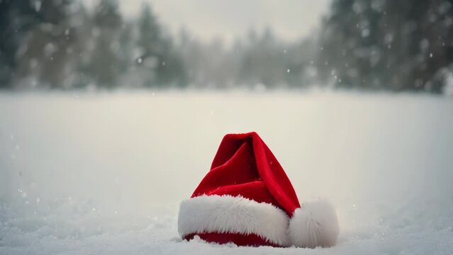 red Santa clause hat in a snowy background for winter Christmas, winter background 4K video