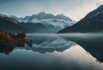 Poster Lake panorama in a foggy morning with glaciers mountains and reflection © ArtisticLens