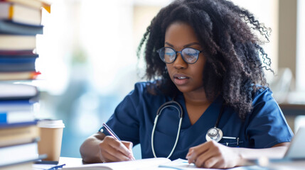 female medical professional wearing scrubs and glasses, focused on writing notes in a book