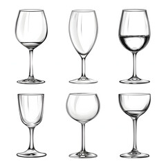 Glassware (e.g., wine glasses, vases) isolated on white background, realistic, png

