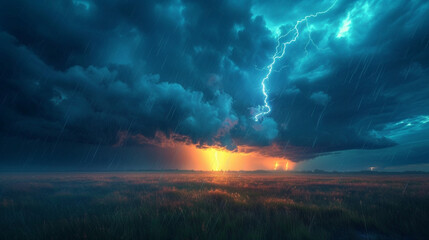 A dramatic thunderstorm rolling across the plains, with lightning illuminating the darkened sky and...