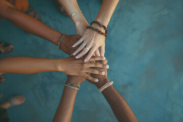 Team putting their hands on the center. Diverse group hands together. Team unity with cultural blend. People gathering in a symbolic center, showcasing teamwork, diversity, and cultural richness.