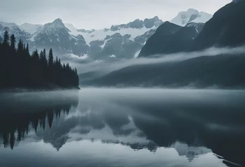 Poster Lake panorama in a foggy morning with glaciers mountains and reflection © ArtisticLens