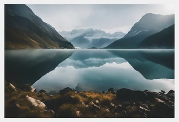 Zelfklevend Fotobehang Lake panorama in a foggy morning with glaciers mountains and reflection © ArtisticLens