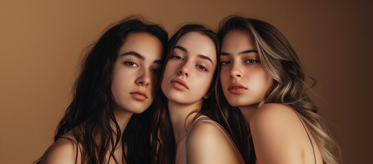 Four women of different ethnicities posing on a brown background. Diverse women showcase unity on a brown backdrop, symbolizing cultural harmony and ethnic diversity.