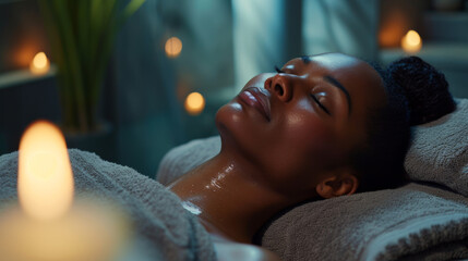 young woman lying down with her eyes closed, appearing to be in a receiving a spa treatment