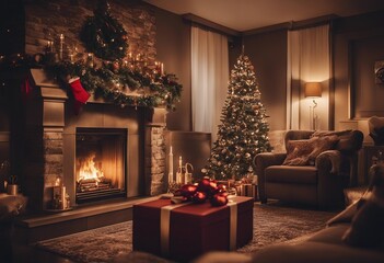 Living room home interior with decorated fireplace and christmas tree vintage style Christmas Holida