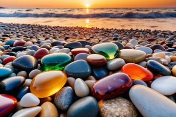 Close-up shot of multicolored sea polished stones, rolled pebbles on the seashore texture gems, ocean in the background, sunset - Beauty in nature