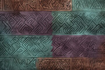 Celadon, sienna, and plum seamless African pattern, tribal motifs grunge texture on textile background