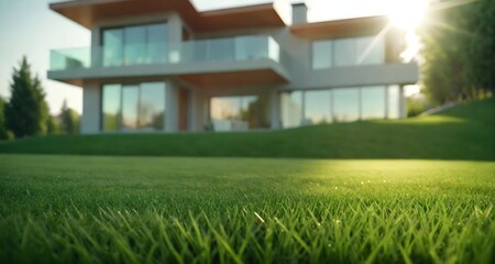 Green mown lawn with fresh grass with blurred background of a modern private house and flower garden. - obrazy, fototapety, plakaty