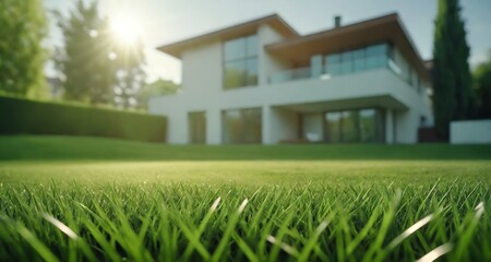 Green mown lawn with fresh grass with blurred background of a modern private house and flower garden. - obrazy, fototapety, plakaty