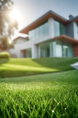 Fototapeta na wymiar Green mown lawn with fresh grass with blurred background of a modern private house and flower garden.