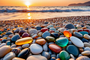 Fototapeta na wymiar Close-up shot of multicolored sea polished stones, rolled pebbles on the seashore texture gems, ocean in the background, sunset - Beauty in nature