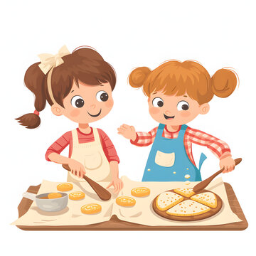 Kids baking cookies isolated on white background, simple style, png
