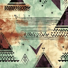 Celadon, sienna, and plum seamless African pattern, tribal motifs grunge texture on textile background 