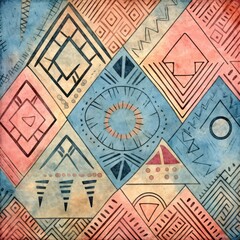 Cerulean, beige, and rose seamless African pattern, tribal motifs grunge texture on textile background