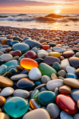 Obraz premium Close-up shot of multicolored sea polished stones, rolled pebbles on the seashore texture gems, ocean in the background, sunset - Beauty in nature
