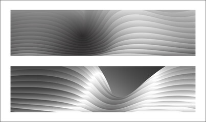 Monochrome cover design, abstract background. Wavy silver parallel gradient lines, ribbons, silk. Set of 2 backgrounds. Black and white with shades of gray banner, poster. eps vector