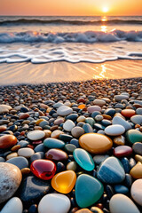 Obraz premium Close-up shot of multicolored sea polished stones, rolled pebbles on the seashore texture gems, ocean in the background, sunset - Beauty in nature