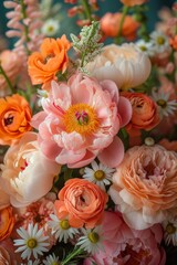 A vibrant assortment of flowers beautifully arranged in a vase, showcasing a variety of colors and textures.