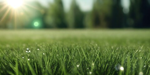 A spacious field of green grass on a sunny clear day. Green lawn with fresh grass with blurred background.
