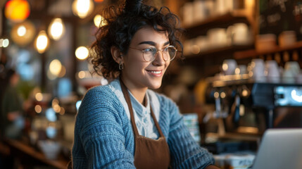 Fototapeta premium young woman wearing glasses, focused on working on her laptop in a cozy café environment