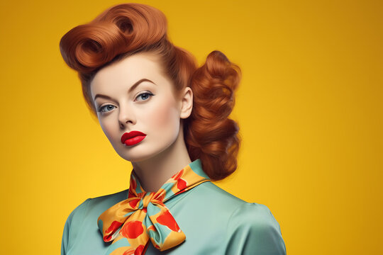 Classic Retro Beauty, Elegant Woman with Vintage Hairstyle and Floral Scarf