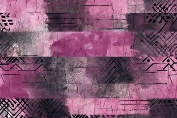 Charcoal, rose, and lilac seamless African pattern, tribal motifs grunge texture on textile background