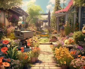 Fototapeta na wymiar Behold the artistry of AI in this stunning image—a garden in full bloom with spring flowers and carefully arranged gardening tools.Generated with AI.