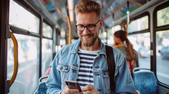 young man with glasses and curly hair is smiling while looking at his smartphone on a public bus, with blurred city lights and other passengers in the background