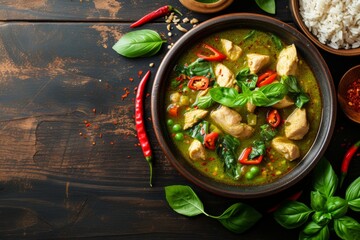 Thai green curry chicken with bell peppers, and peas, garnished with fresh basil leaves, served...