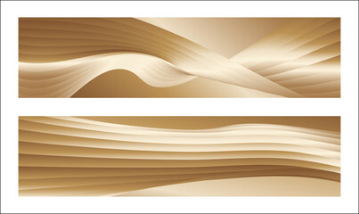 Wavy golden parallel gradient lines, ribbons, silk. Golden with shades of yellow background, banner, poster. Set of 2 backgrounds. Eps vector