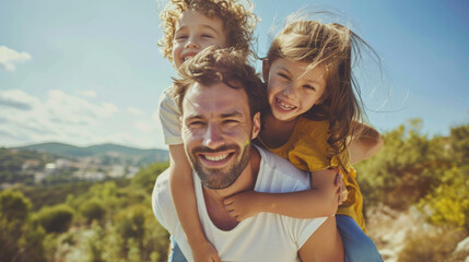 happy outdoor moment with a man giving two children piggyback rides