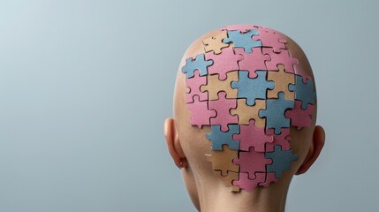 A Puzzle of Memories: A colorful image of a person’s head covered with jigsaw pieces, representing the complexity and beauty of the human mind. Some pieces are missing, symbolizing the effects of ment