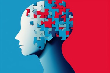 A Mind in Pieces: How mental health and Alzheimer’s erode our sense of self. The missing puzzle piece from the brain shows the loss of memory and personality. The red and grey colors convey isolation 