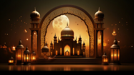 Fototapeta na wymiar 3D illustration of Ramadan Kareem scene with an Islamic mosque lantern adorned with intricate details. Generative AI
