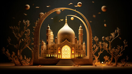 3D illustration of Ramadan Kareem scene with an Islamic mosque lantern adorned with intricate details. Generative AI