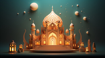 3D illustration of Ramadan Kareem scene with an Islamic mosque lantern adorned with intricate details. Generative AI