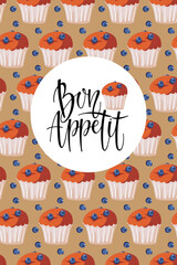 Seamless cupcake pattern with Bon Appetit sign vector illustration. Positive inspirational phrase in French enjoy your meal. Berry muffin cupcake. Repeated print for wallpaper, wrapping, packing. - obrazy, fototapety, plakaty