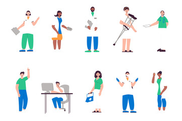 Medical staff people set in flat design. Men and women work in hospital, nurses and doctors, dentists, physicians and other. Bundle of diverse characters. Illustration isolated persons for web