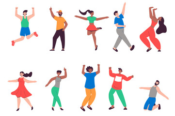 Fototapeta na wymiar People dancing set in flat design. Men and women dance to music at disco, dancers at party, performance and entertainment. Bundle of diverse characters. Illustration isolated persons for web