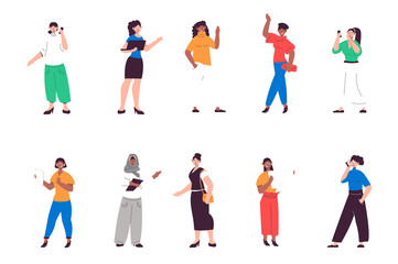 Fototapeta na wymiar Businesswoman people set in flat design. Happy women making business calls, doing tasks, negotiation in office. Bundle of diverse multiracial characters. Illustration isolated persons for web