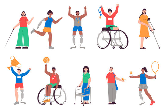 People with disabilities set in flat design. Men and women with protesis hands and legs, blind, on wheelchair. Bundle of diverse disabilities characters. Illustration isolated persons for web