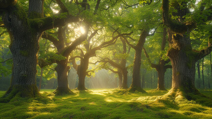 A serene forest of old oaks, lit in places by patches of vivid green moss that let light through the thick canopy.
